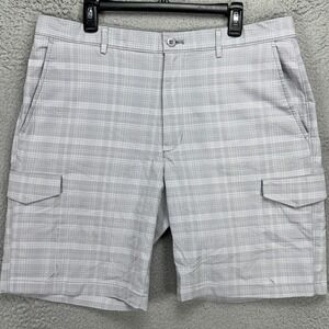 Greg Norman Attack Life Men Cargo Shorts 36 Grey Plaid Flat Front Casual Outdoor